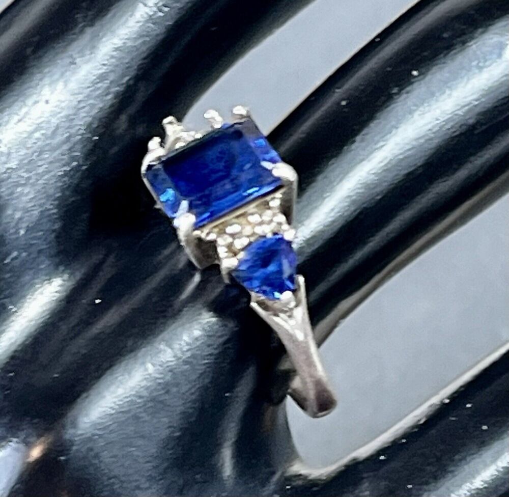 Emerald Cut Blue Sapphire Ring, 925 Silver Three Stone Ring MISSING STONE Size 6